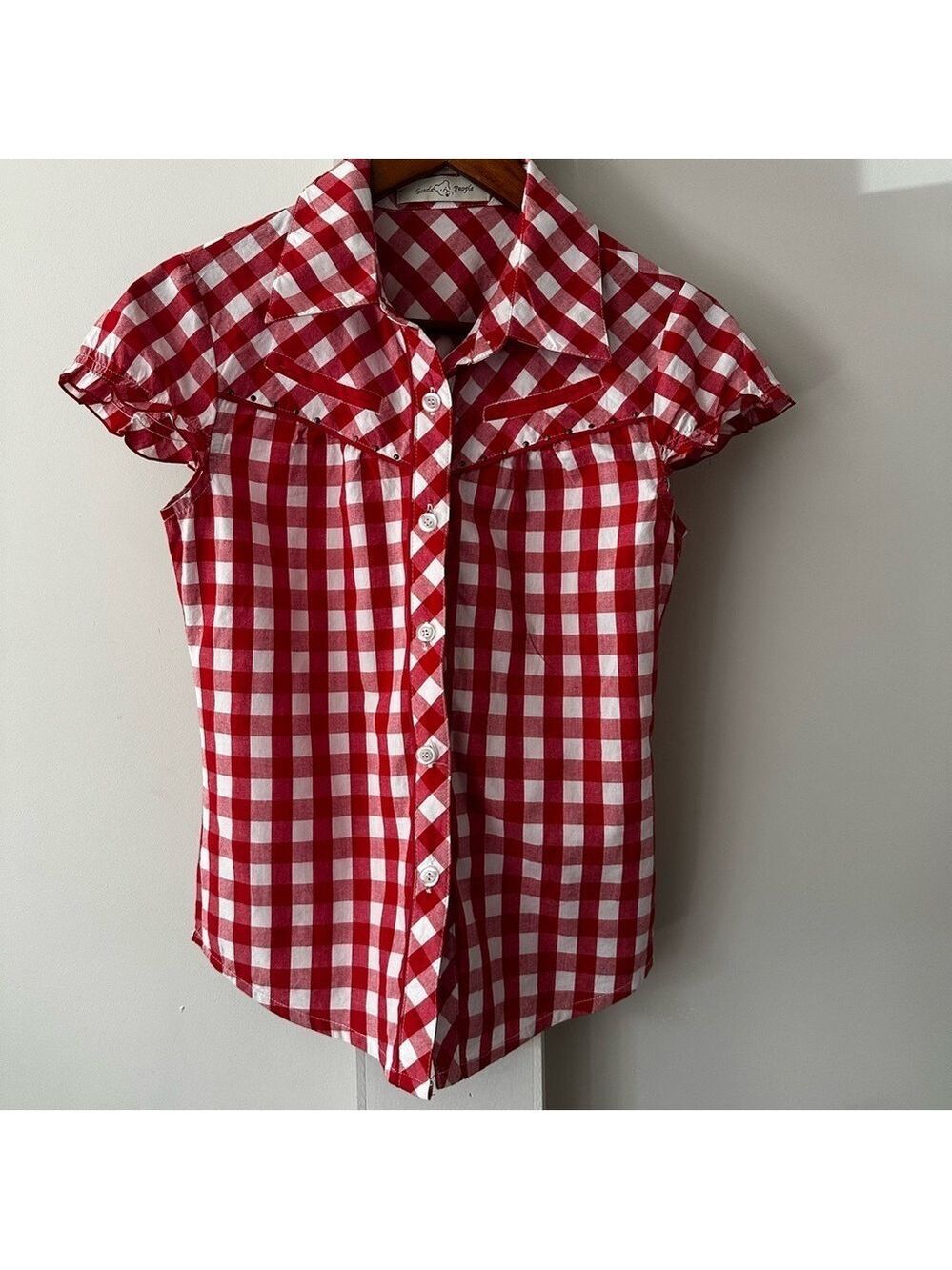 RED & WHITE GINGHAM SHORT SLEEVED BLOUSE, Y2K WESTERN COWGIRL BUTTON FRONT
